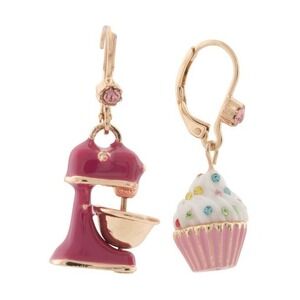 Betsey Johnson Mismatched Bunny Cupcake & Mixer Pink& White Goldtone Earrings